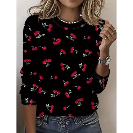 Women Fruit Long Sleeve Tee T-shirt Crew Neck Printing Casual Graphic Tee Spring/Fall Top