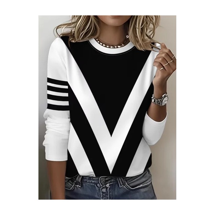 Women Abstract Long Sleeve Tee T-shirt Crew Neck Printing Casual Graphic Tee Spring/Fall Top