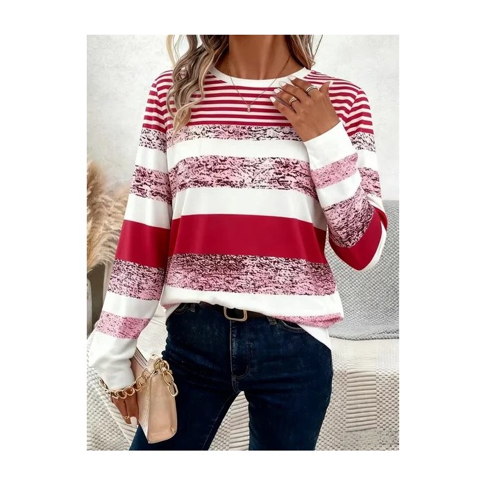 Women Abstract Stripes Long Sleeve Tee T-shirt Crew Neck Printing Casual Graphic Tee Spring/Fall Top