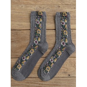 Cable Knit Cotton Women's Socks Retro Style Small Floral Jacquard Mid-calf Socks, Unique Slouch Socks