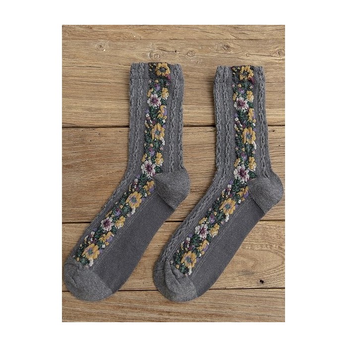 Cable Knit Cotton Women's Socks Retro Style Small Floral Jacquard Mid-calf Socks, Unique Slouch Socks