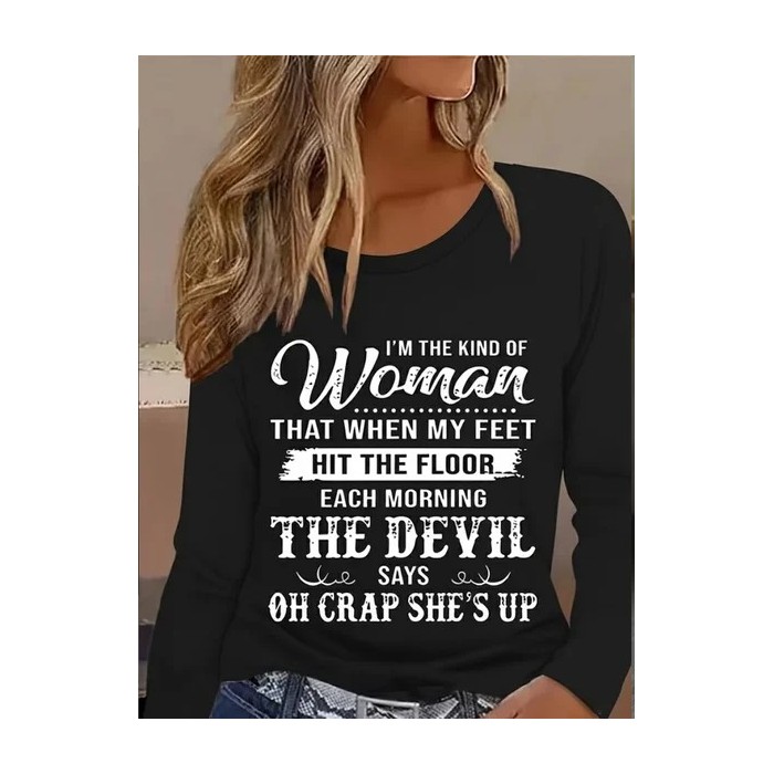 Women Text Letters Long Sleeve Tee T-shirt Crew Neck Printing Casual Graphic Tee Spring/Fall Top