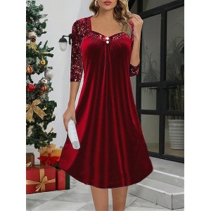 Women Plain Half Sleeve Summer Dress Square Neck Daily Casual Maxi A-Line Dress