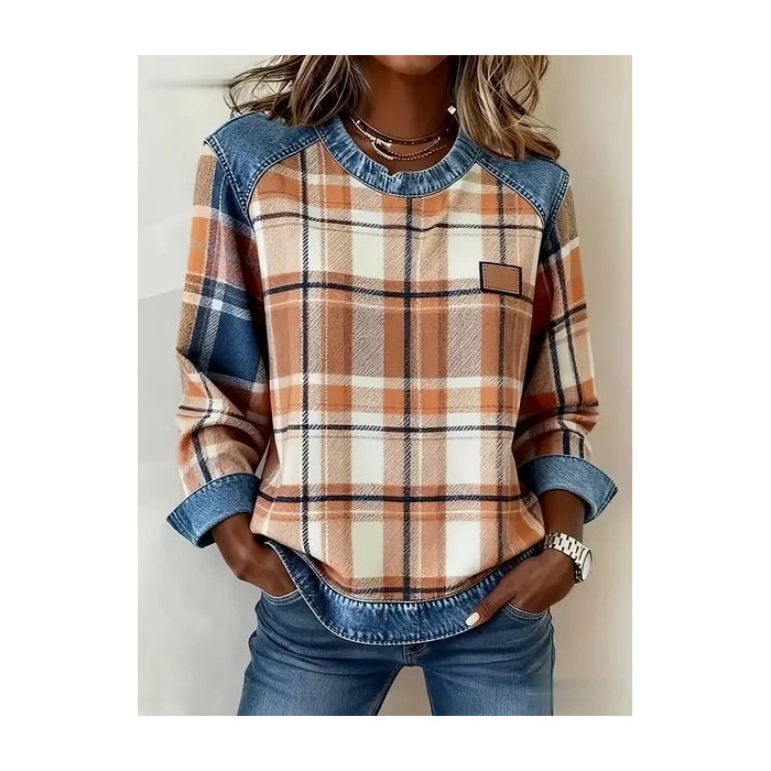 Women Plaid Crew Neck Printing Vintage Spring/Fall Long Sleeve Sweatshirt