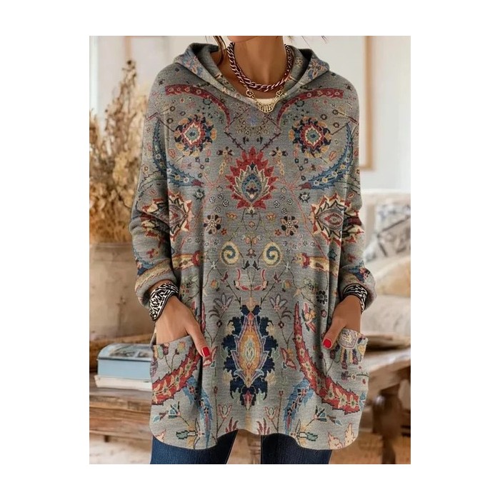 Women Ethnic Printing Long Sleeve Vintage Daily Spring/Fall Hoodie