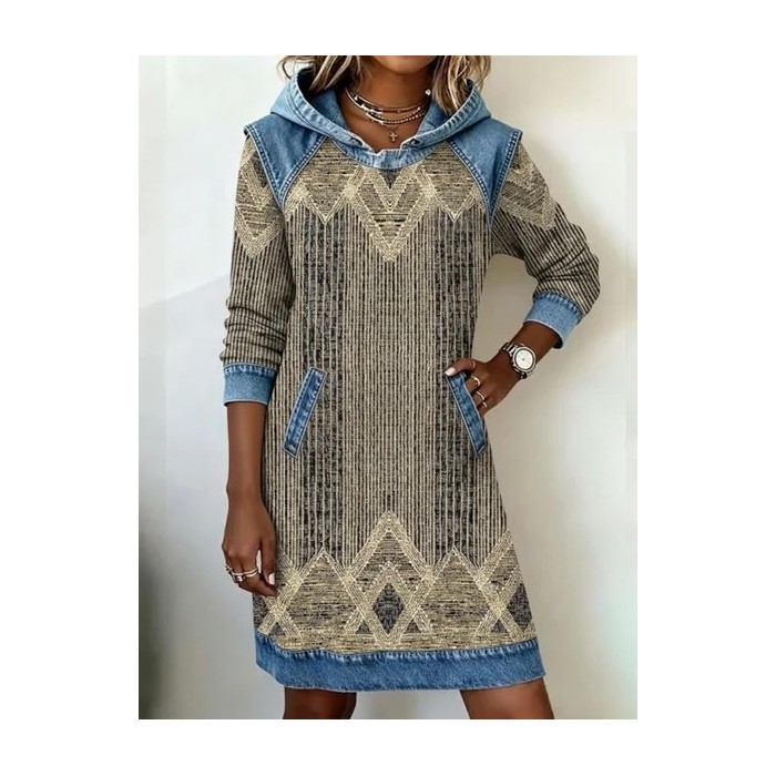 Women Abstract Long Sleeve Hoodie Printing Dress Daily Vintage Midi H-Line Spring/Fall Dress