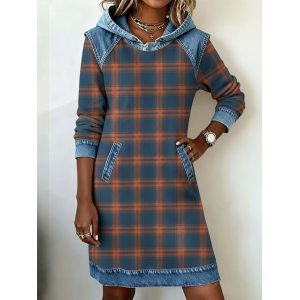 Women Plaid Long Sleeve Hoodie Printing Dress Daily Vintage Midi H-Line Spring/Fall Dress