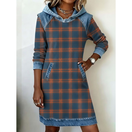 Women Plaid Long Sleeve Hoodie Printing Dress Daily Vintage Midi H-Line Spring/Fall Dress