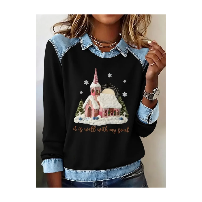 Women Christmas Shawl Collar Vintage Spring/Fall Long Sleeve Sweatshirt