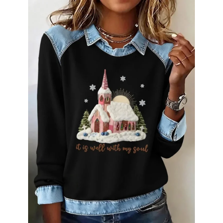 Women Christmas Shawl Collar Vintage Spring/Fall Long Sleeve Sweatshirt