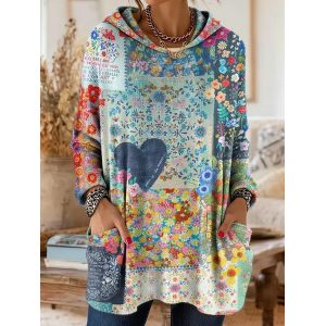 Women Floral Printing Long Sleeve Vintage Daily Spring/Fall Hoodie