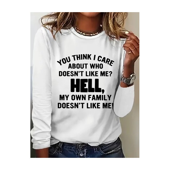 Women Text Letters Long Sleeve Tee T-shirt Crew Neck Printing Casual Graphic Tee Spring/Fall Top