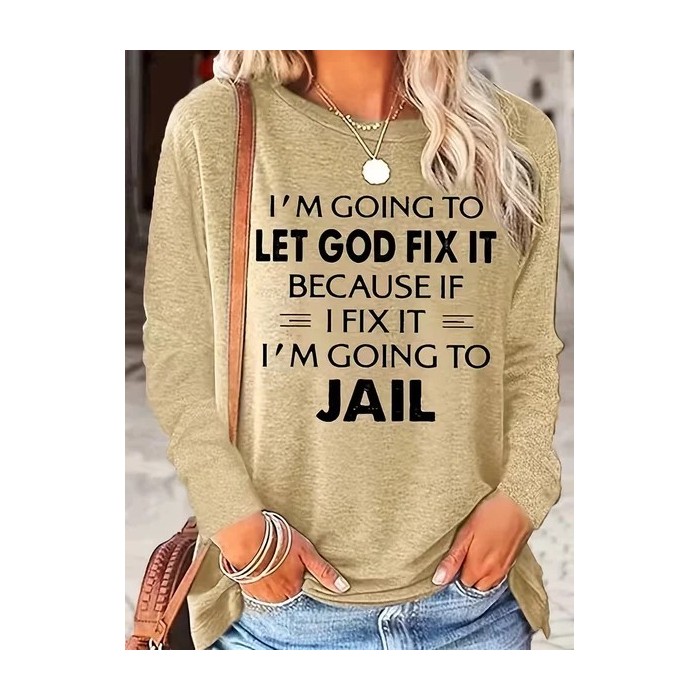 Women Text Letters Long Sleeve Tee T-shirt Crew Neck Printing Casual Graphic Tee Spring/Fall Top