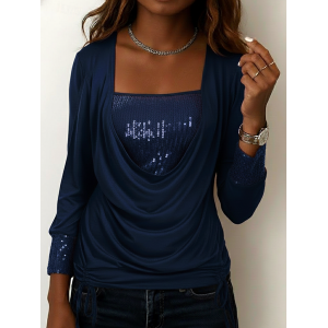 Women Plain Long Sleeve Tee T-shirt U-Neck Split Joint Vintage Spring/Fall Top