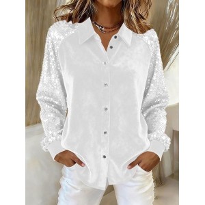 Women Plain Shawl Collar Long Sleeve Shirt Split Joint Casual Daily Spring/Fall Top