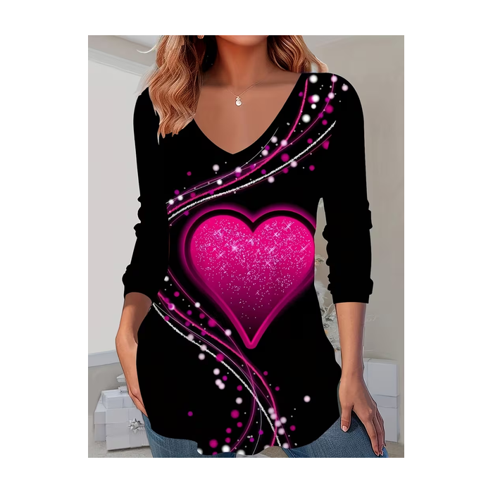 Women Heart/Cordate Long Sleeve Tee T-shirt V Neck Printing Casual Graphic Tee Spring/Fall Top