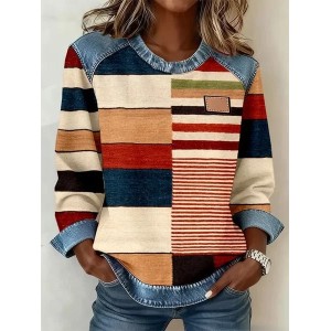 Women Abstract Crew Neck Printing Vintage Spring/Fall Long Sleeve Sweatshirt