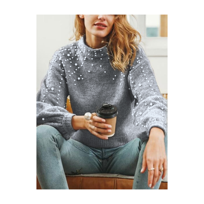 Women Plain Beaded Winter Street Balloon Sleeve Long Sleeve Mock Neck Cotton-Blend Sweater