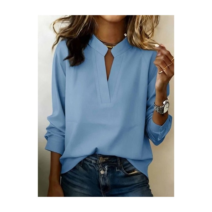 Women's Long Sleeve Shirt Spring/Fall White Plain Split Joint V Neck Daily Going Out Casual Top
