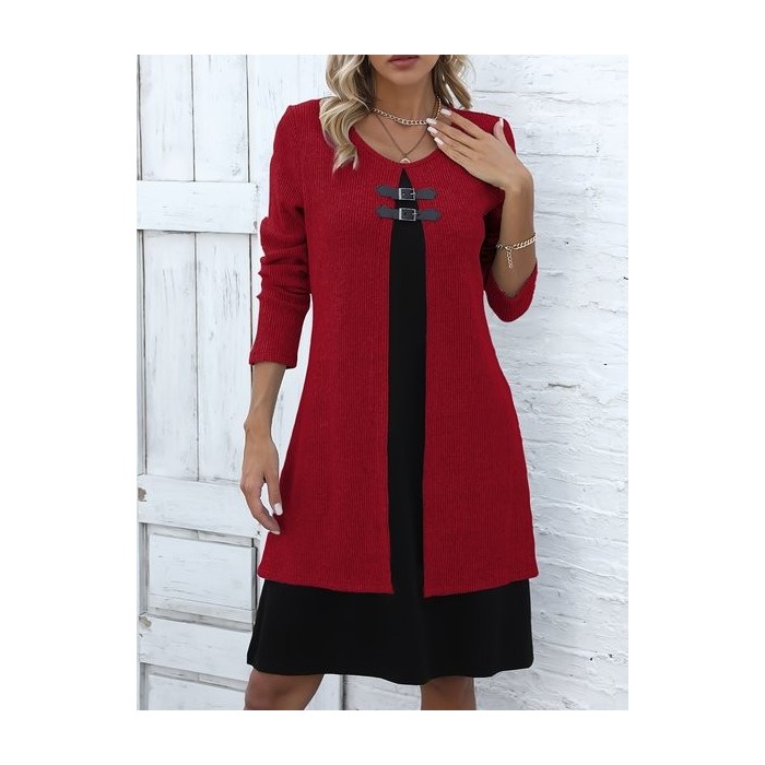 Casual Color Block Crew Neck Midi Dress