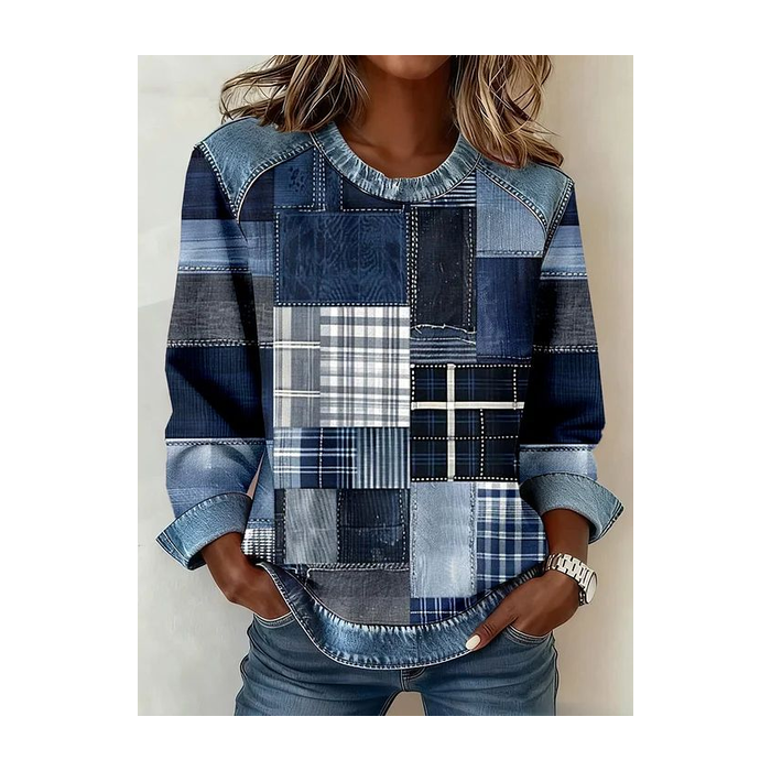 Women's Abstract Print Patchwork Denim Crewneck Long-Sleeved Sweatshirt