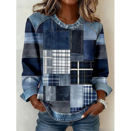 Women's Abstract Print Patchwork Denim Crewneck Long-Sleeved Sweatshirt