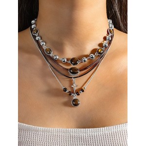 Maillard Color Scheme Fashionable Round Acrylic Six-pointed Star Pendant Multi-layer Necklace