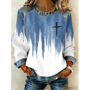 Women's Abstract Belief Print Patchwork Denim Crewneck Long-Sleeved Sweatshirt