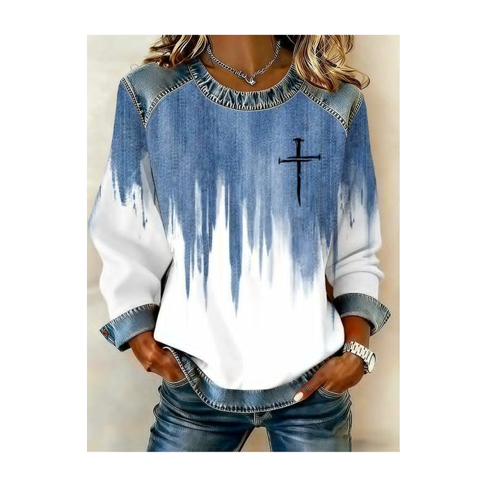 Women's Abstract Belief Print Patchwork Denim Crewneck Long-Sleeved Sweatshirt
