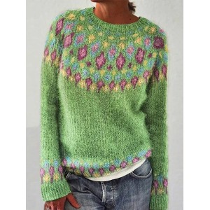 Women Crew Neck Ethnic Casual Loose Fair Isle Sweater