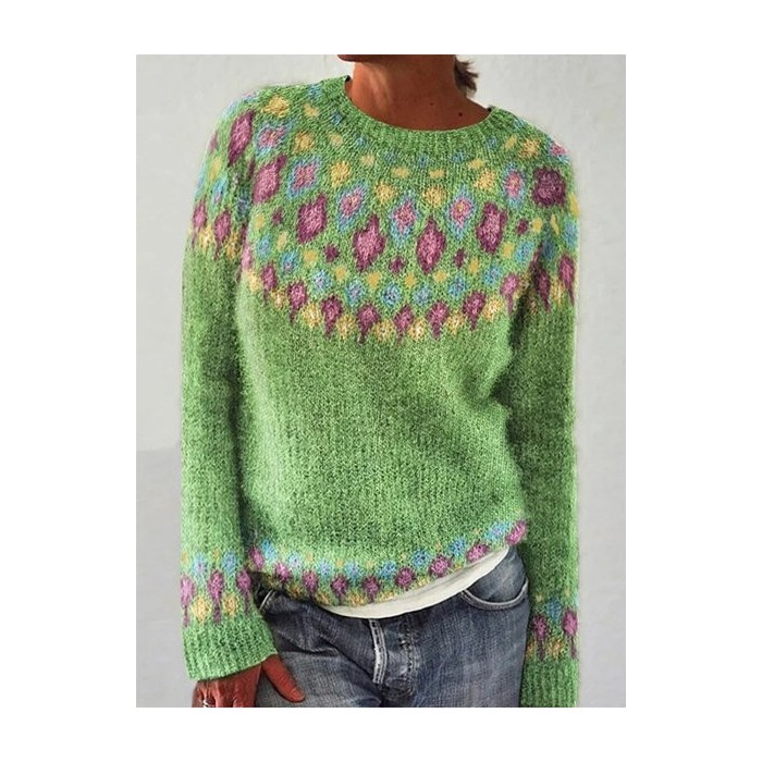 Women Crew Neck Ethnic Casual Loose Fair Isle Sweater