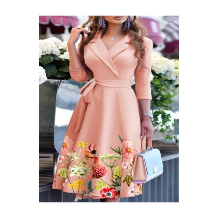 Women Floral Three Quarter Sleeve Spring/Fall Split Joint Dress Shawl Collar Daily Casual Maxi Fit & Flare Dress A-Line Dress