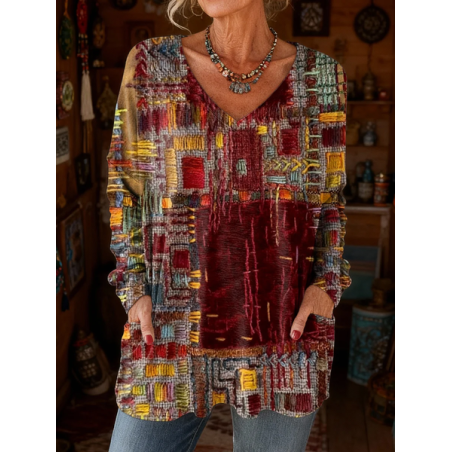 Women Abstract Long Sleeve Tee T-shirt V Neck Printing Vintage Spring/Fall Top