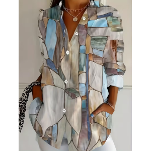 Women Abstract Long Sleeve Shirt Spring/Fall Buckle Shirt Collar Regular Sleeve Daily Casual Top