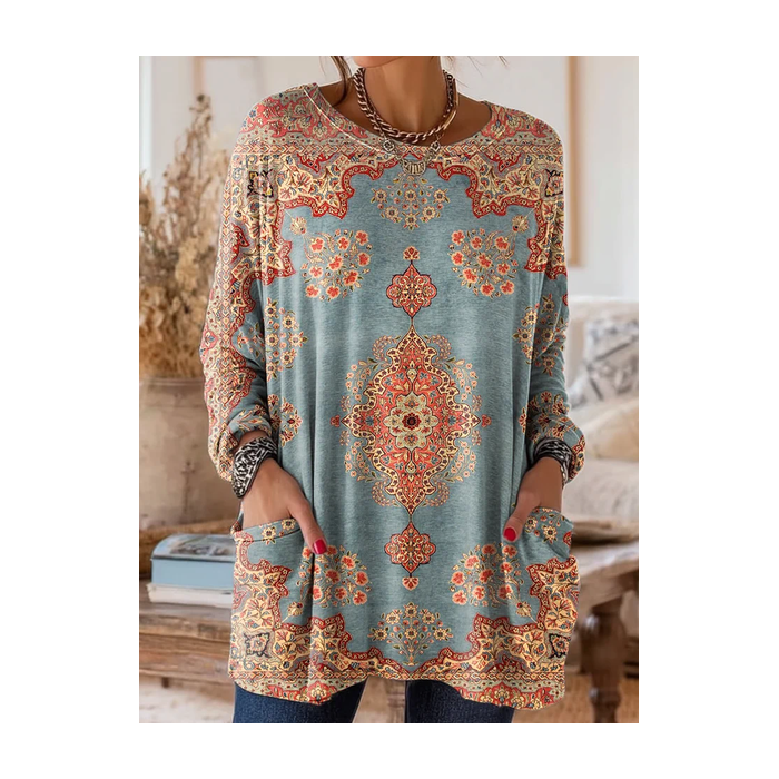 Women's Long Sleeve T-shirt Spring/Fall Blue Floral Printing Crew Neck Daily Going Out Vintage Top