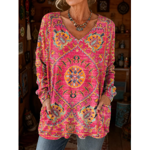 Women's Long Sleeve T-shirt Spring/Fall Pink Abstract Printing V Neck Daily Going Out Vintage Top