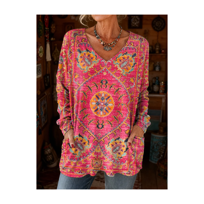 Women's Long Sleeve T-shirt Spring/Fall Pink Abstract Printing V Neck Daily Going Out Vintage Top