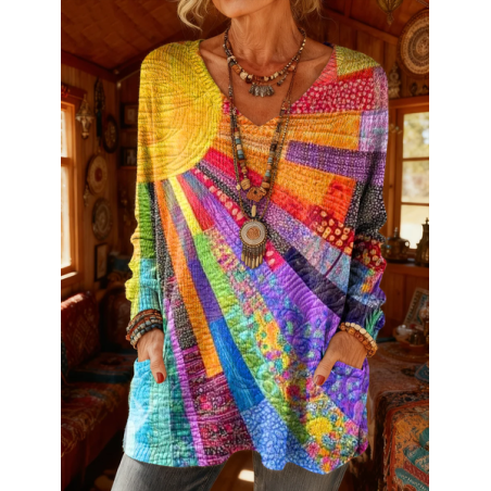 Women's Long Sleeve T-shirt Spring/Fall As Picture Abstract Printing V Neck Daily Going Out Vintage Top