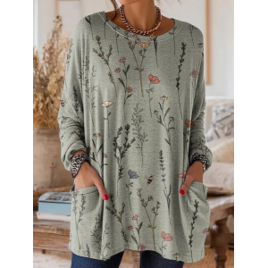 Women Floral Long Sleeve Tee T-shirt Crew Neck Printing Vintage Spring/Fall Top