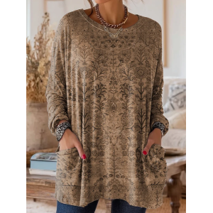 Women Floral Long Sleeve Tee T-shirt Crew Neck Printing Vintage Spring/Fall Top