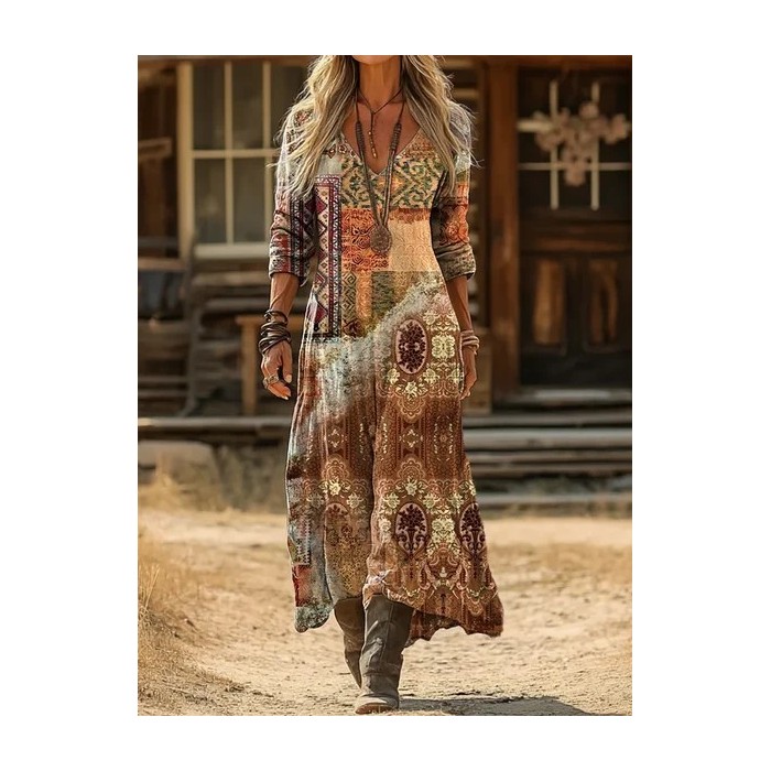Women Abstract Long Sleeve Spring/Fall Printing Dress V Neck Daily Vintage Maxi H-Line Dress