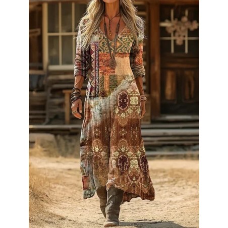 Women Abstract Long Sleeve Spring/Fall Printing Dress V Neck Daily Vintage Maxi H-Line Dress
