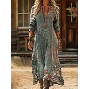 Women Floral Long Sleeve Spring/Fall Printing Dress V Neck Daily Vintage Maxi H-Line Dress