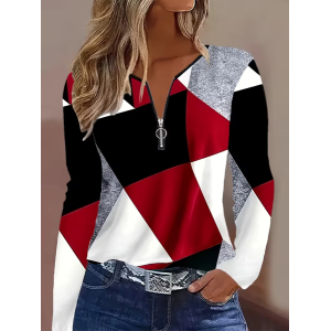 Women Abstract Long Sleeve Tee T-shirt V Neck Printing Vintage Spring/Fall Top