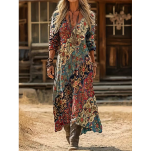 Women Abstract Long Sleeve Spring/Fall Printing Dress V Neck Daily Vintage Maxi H-Line Dress