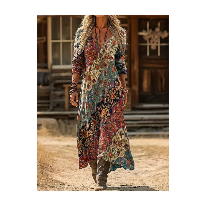 Women Abstract Long Sleeve Spring/Fall Printing Dress V Neck Daily Vintage Maxi H-Line Dress