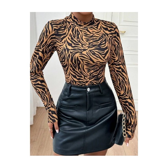 Women Zebra Long Sleeve Tee T-shirt Crew Neck Printing Vintage Spring/Fall Top