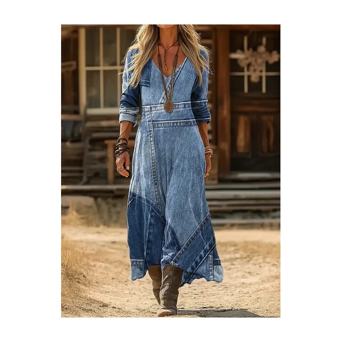 Women Faux Denim Print Graphic Long Sleeve Spring/Fall Printing Dress V Neck Daily Vintage Maxi H-Line Dress