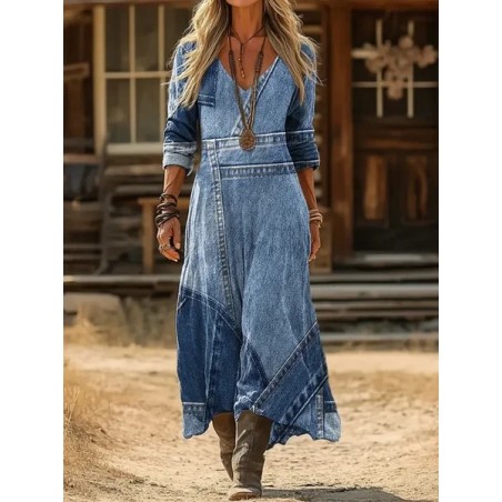 Women Faux Denim Print Graphic Long Sleeve Spring/Fall Printing Dress V Neck Daily Vintage Maxi H-Line Dress