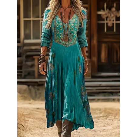 Women Ethnic Long Sleeve Spring/Fall Printing Dress V Neck Daily Vintage Maxi H-Line Dress
